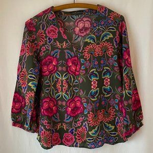 Vibrant floral-patterned silk blouse by Set, size 6